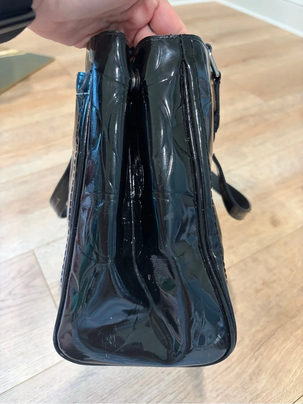 Coach Black Patent Leather Signature Embossed Turnlock Tote Shoulder Bag